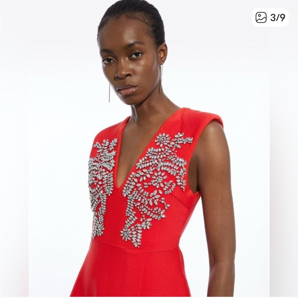 KAREN MILLEN Embellished Bandage Figure Form Knit Sleeveless Midaxi Dress Red L - Picture 4 of 17
